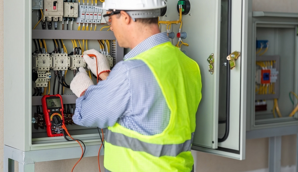 Electricians Service Team technician completing safety inspections and troubleshooting on site