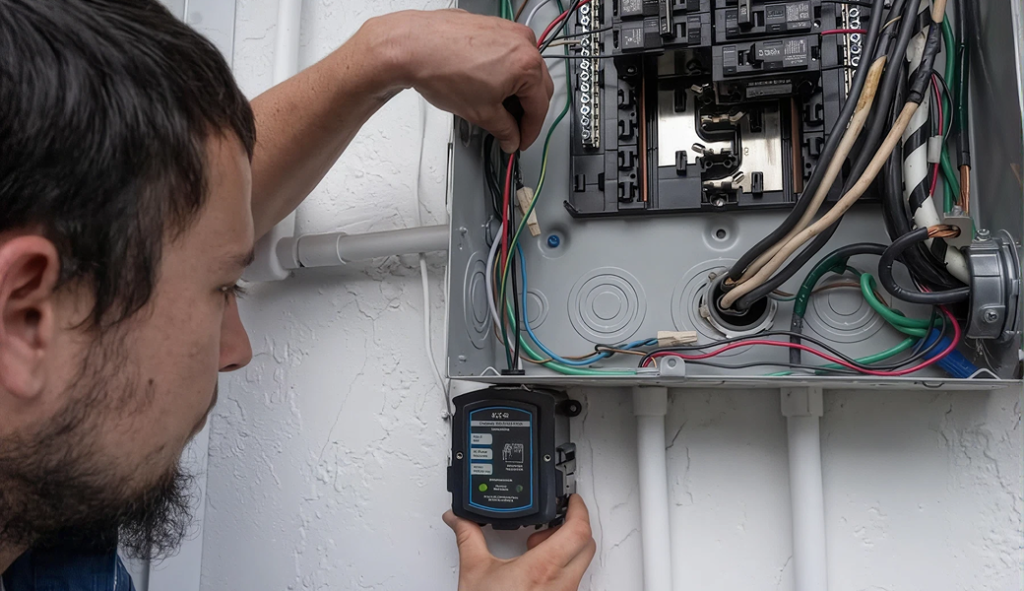 Electricians Service Team technician completing whole house surge protection on site