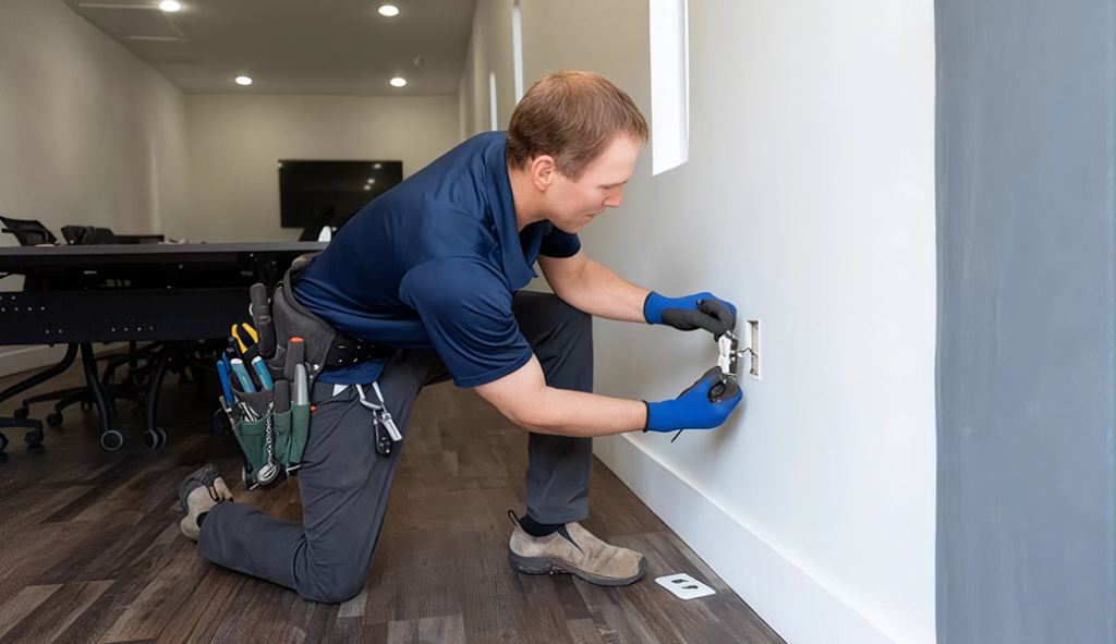 Professional electrician handling outlets and switches for a customer