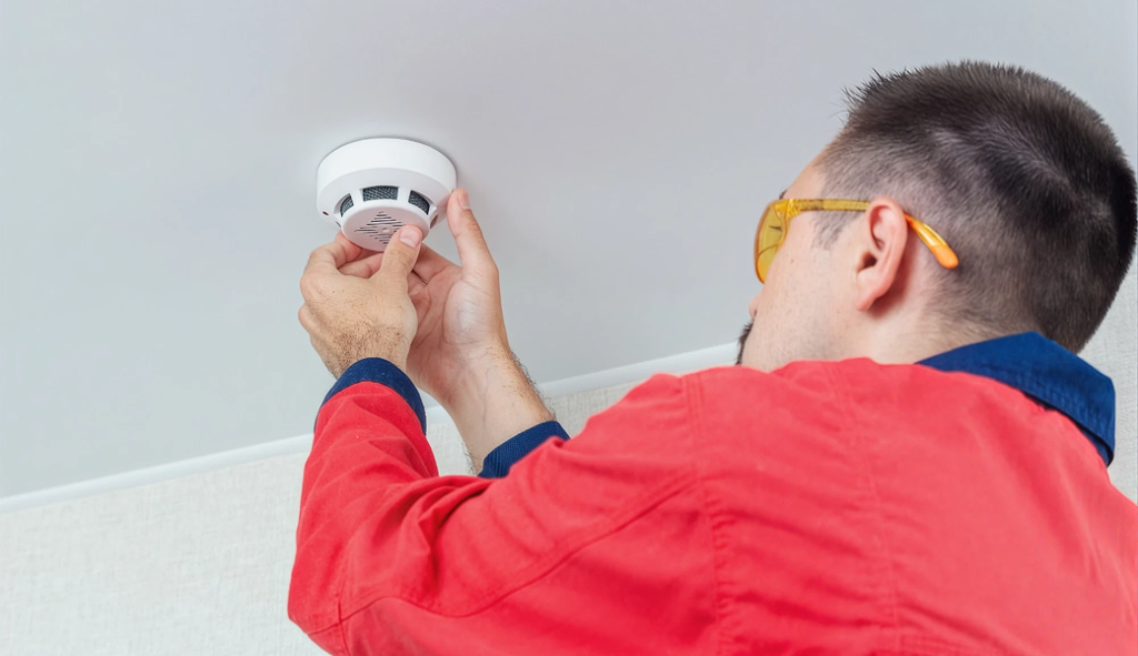 Electricians Service Team technician completing smoke detectors services on site