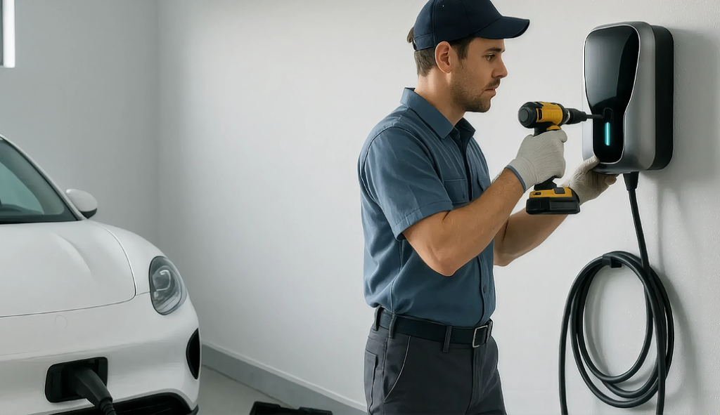 Electricians Service Team technician completing ev chargers installations on site
