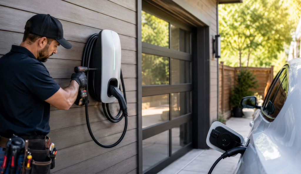 Professional electrician handling ev chargers installations for a customer