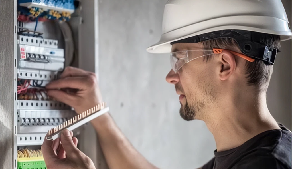 Professional electrician handling electric panel upgrade for a customer