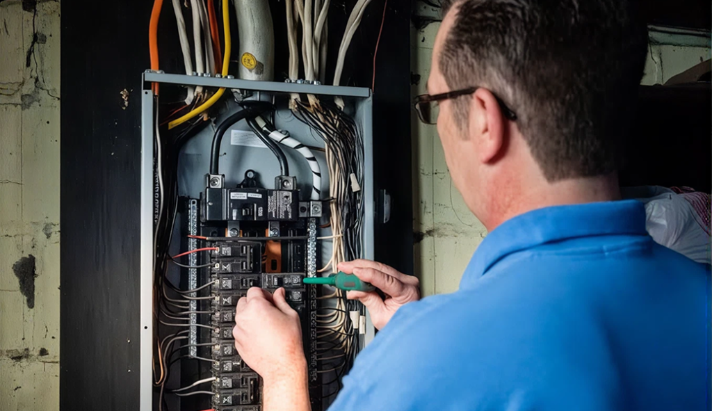 Electricians Service Team technician completing wiring on site