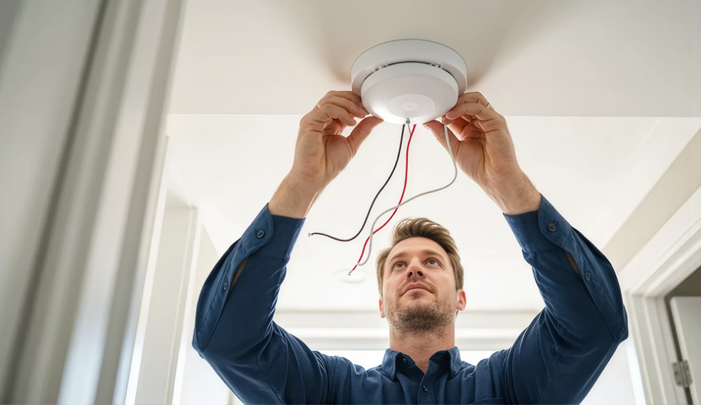 Professional electrician handling smoke detectors services for a customer