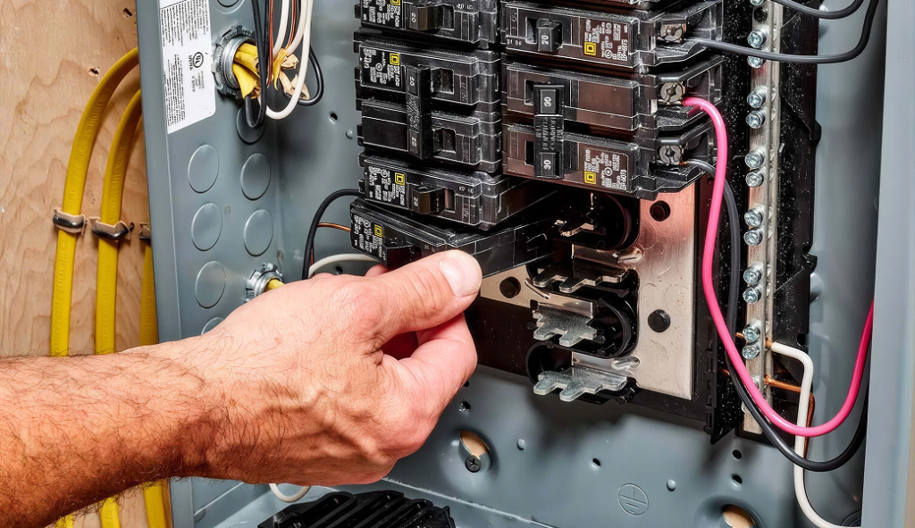 Professional electrician handling circuit breaker repair for a customer