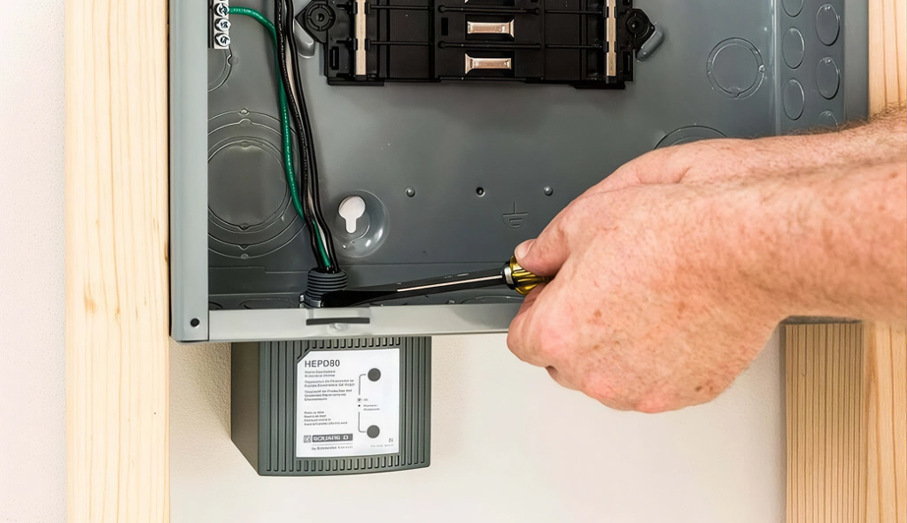 Professional electrician handling whole house surge protection for a customer