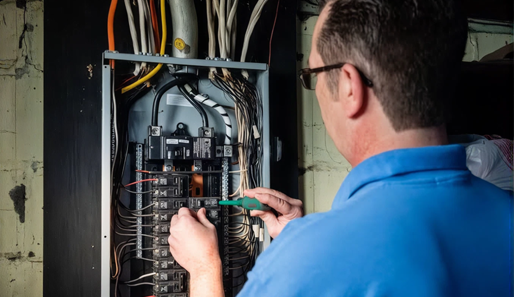 Electricians Service Team technician completing circuit breaker repair on site