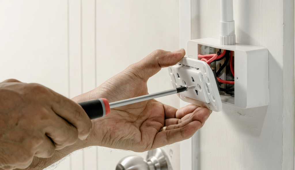 Electricians Service Team technician completing outlets and switches on site