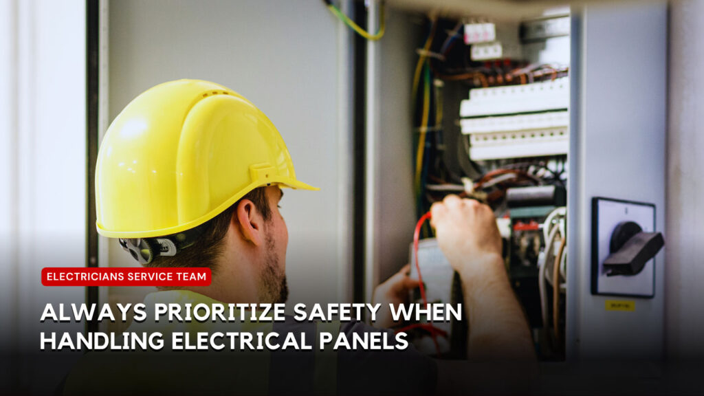 Electrician with safety gear at electrical panel