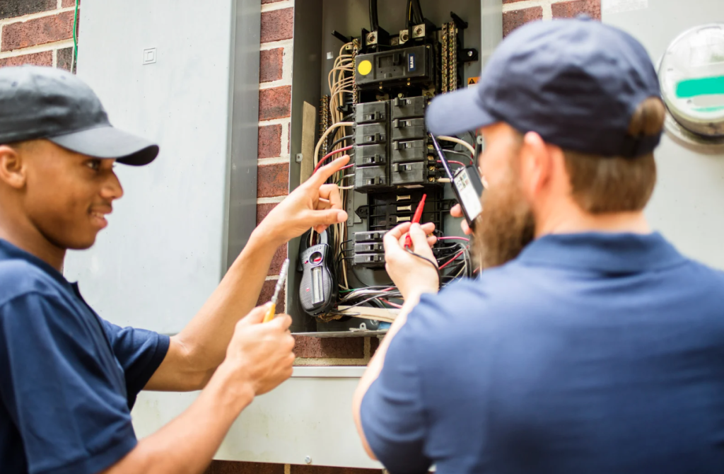 Two professional electricians examining home electrical breaker panel with tools during energy efficiency inspection