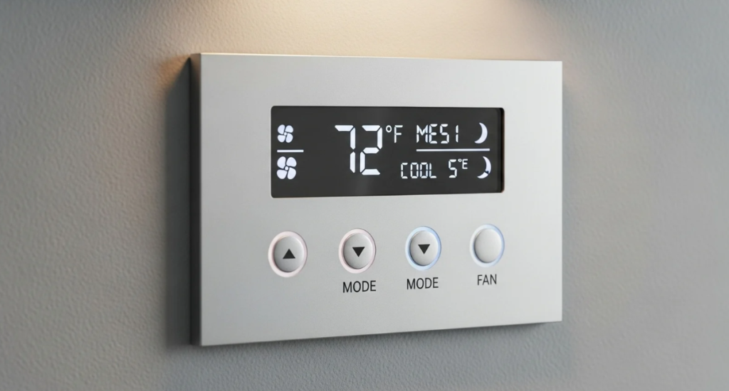 Programmable thermostat set to 72°F displaying cooling mode to reduce home energy bills