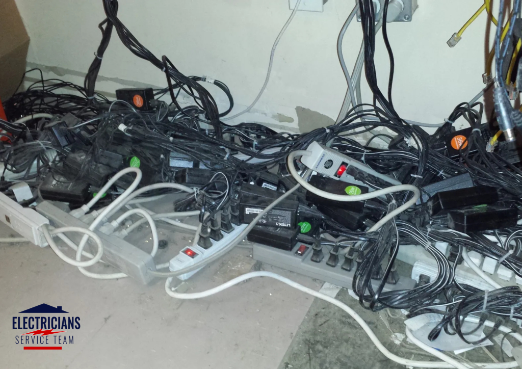 Overloaded electrical outlet with too many appliances plugged in causing circuit overload and breaker tripping