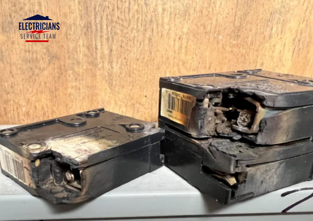 Old faulty circuit breaker with burn marks and physical damage indicating it needs professional replacement