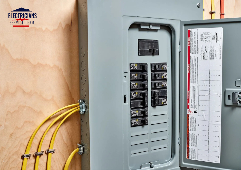 Licensed electrician performing a complete home electric panel upgrade installation in a residential property