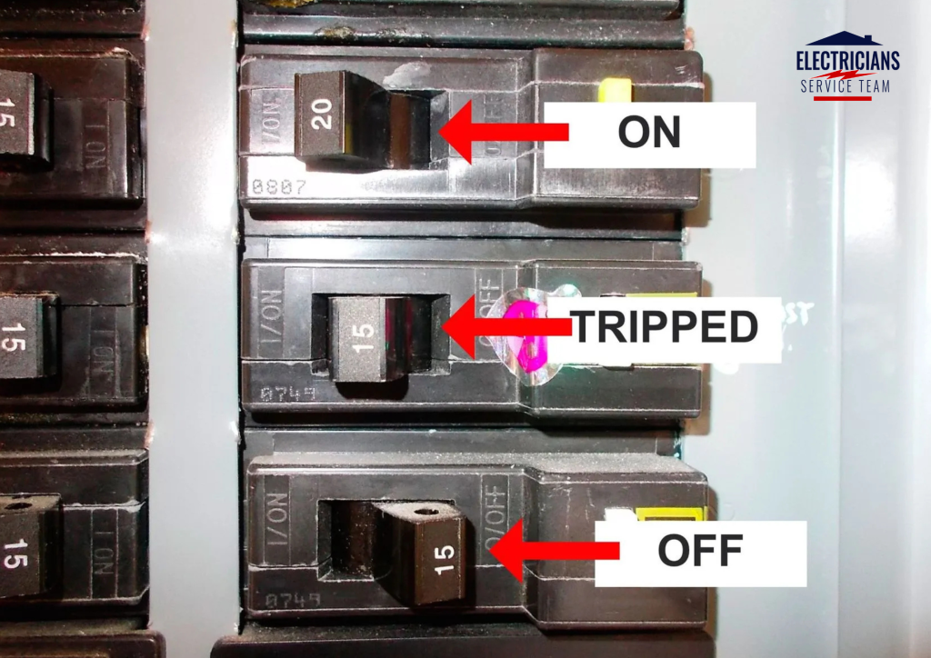 Homeowner resetting a tripped circuit breaker in an electrical panel