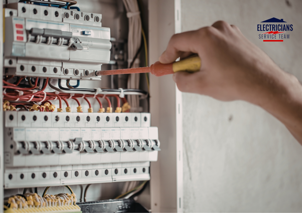 Home electrical panel with circuit breakers, showing a homeowner inspecting it for safety and potential hazards.