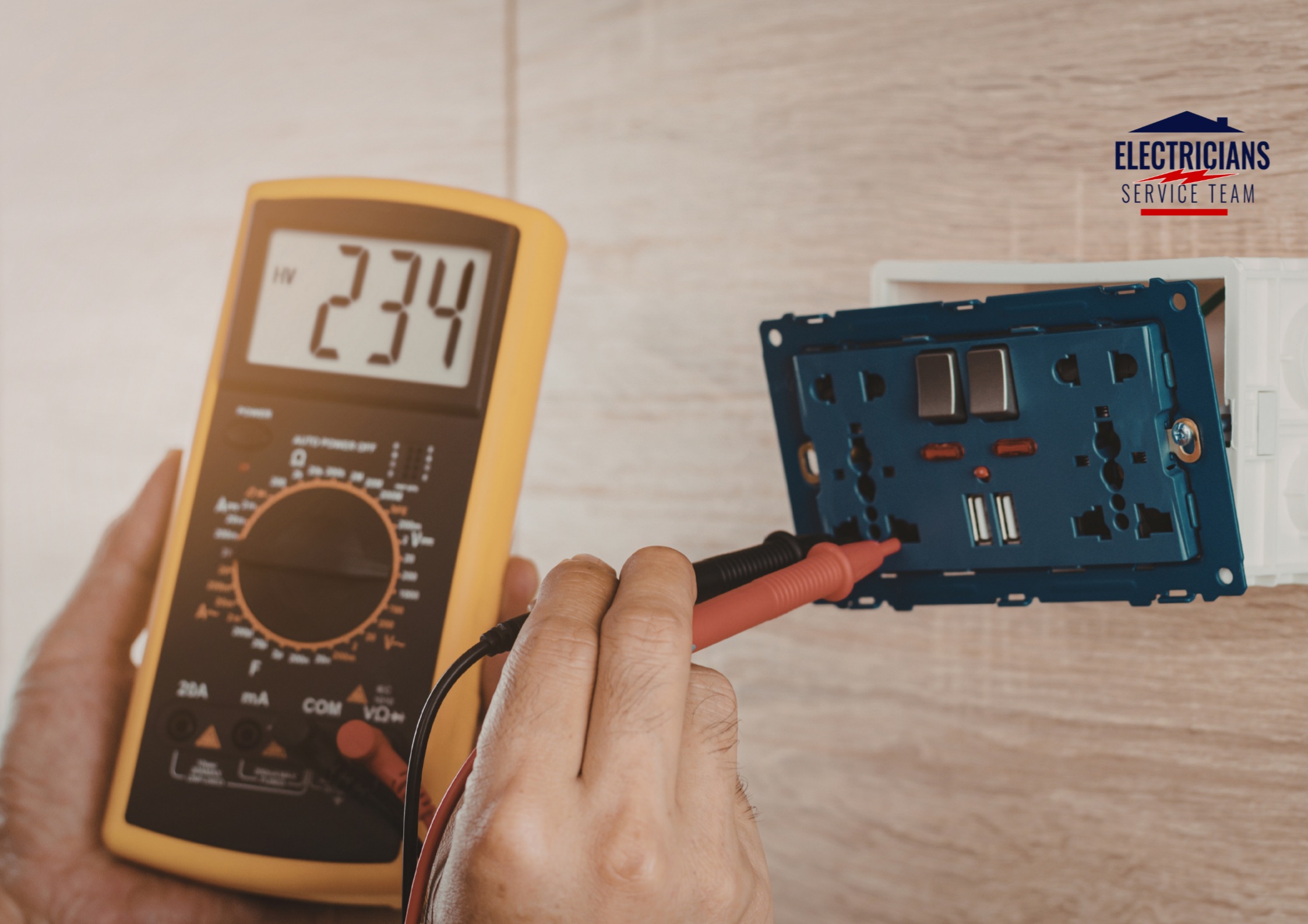 Professional electrician using a digital multimeter to test voltage on a modern wall outlet with USB ports; display shows a 234V reading.