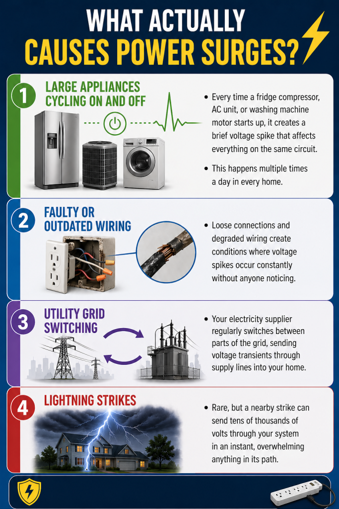 Visual breakdown of the four main causes of power surges: appliance cycling, outdated wiring, utility grid switching, and lightning.