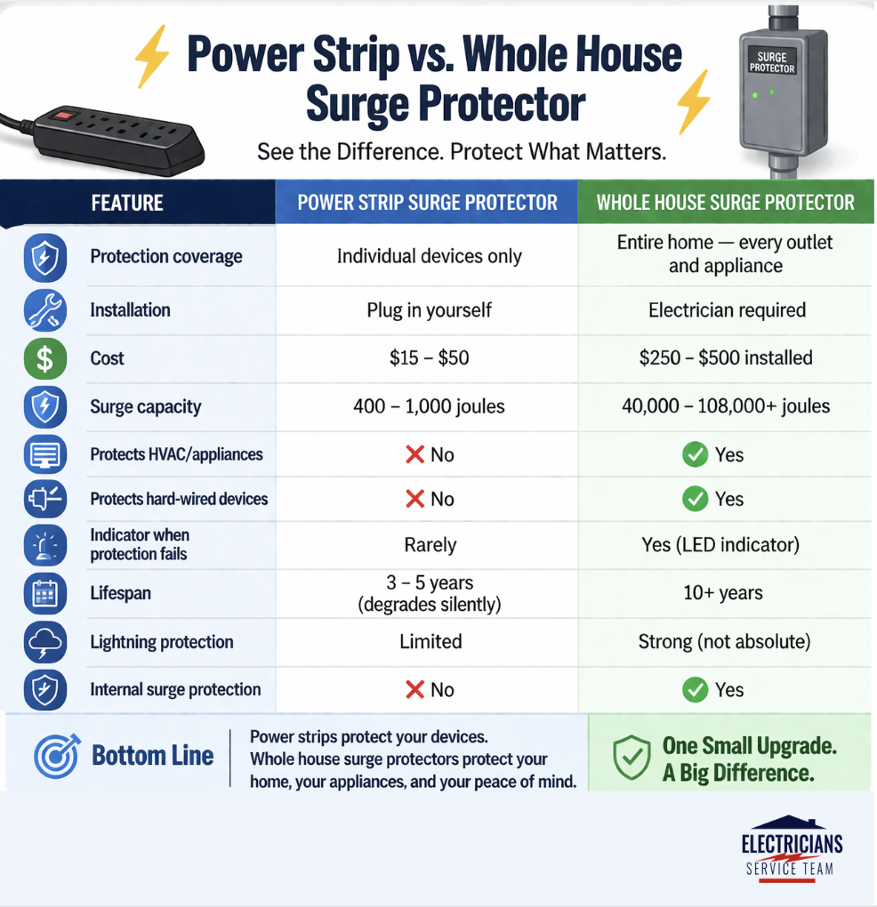 Feature-by-feature comparison of point-of-use power strips versus professionally installed whole-house surge protectors for home electrical safety.