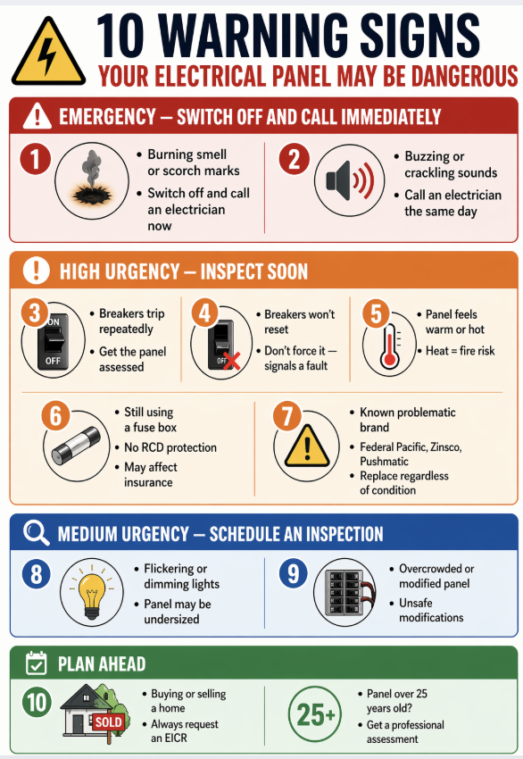 A 10-point safety guide identifying critical warning signs for residential electrical panels, ranked from immediate emergencies to long-term planning.