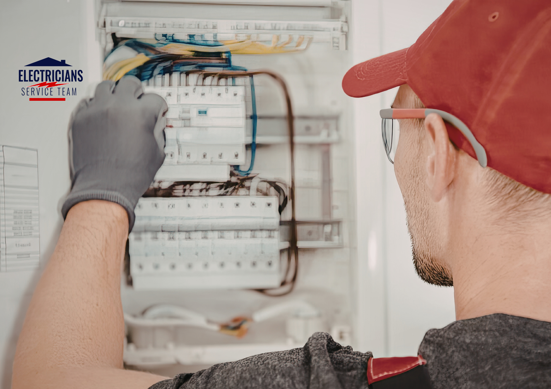 A professional electrician from Electricians Service Team, wearing safety gear and a red cap, inspecting and adjusting circuit breakers inside an open residential electrical panel.