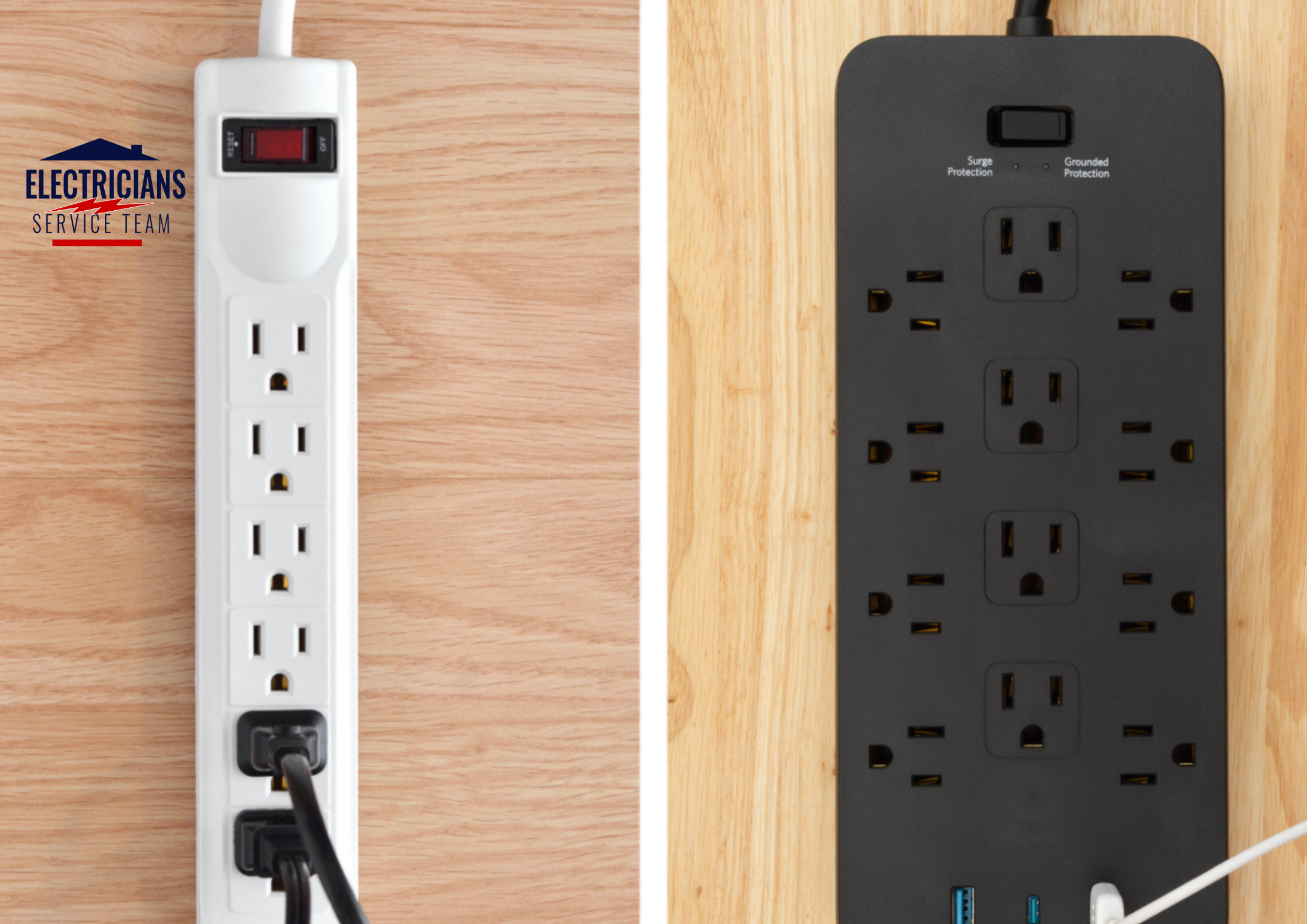 A side-by-side comparison of a basic white power strip and a high-capacity black surge protector with multiple outlets and USB ports