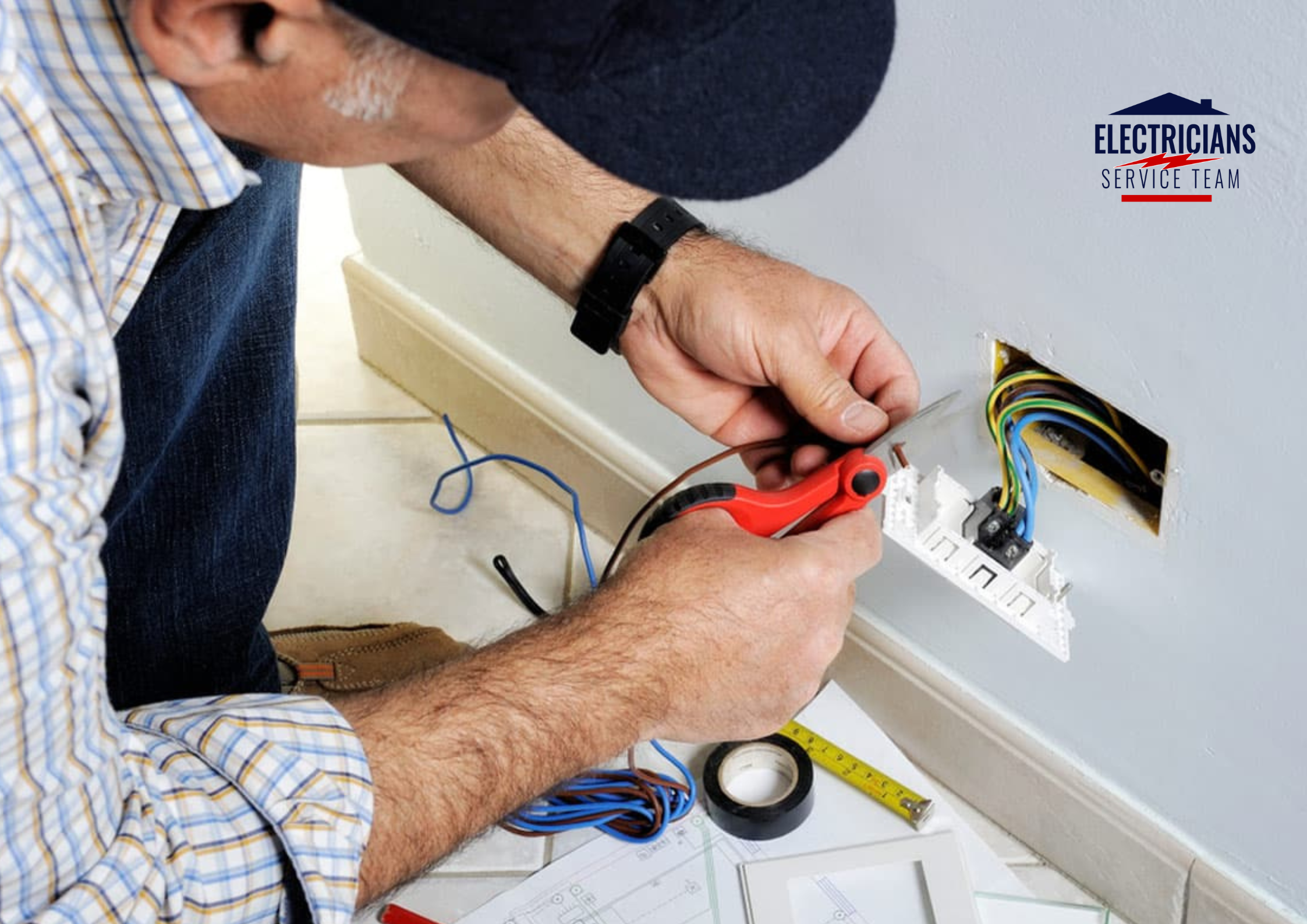 A professional electrician kneeling on a tiled floor while rewiring a wall outlet. He is using red wire strippers on copper electrical wires, with electrical tape and a tape measure nearby