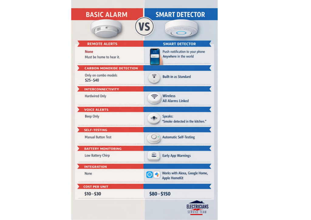 Remote alerts Basic alarm: None — must be home to hear it. Smart detector: Push notification to your phone anywhere in the world. Carbon monoxide detection Basic alarm: Only on combo models ($25–$40). Smart detector: Built into most models as standard. Interconnectivity Basic alarm: Possible with hardwired systems only. Smart detector: Wireless — all units alert simultaneously when one triggers. Voice alerts Basic alarm: Beep only. Smart detector: Speaks the type and location of the hazard (e.g., "Smoke detected in the kitchen"). Self-testing Basic alarm: Manual button test only. Smart detector: Automatic monthly self-tests with app confirmation. Battery monitoring Basic alarm: Chirp when low — often in the middle of the night. Smart detector: App notification weeks in advance. Integration Basic alarm: None. Smart detector: Alexa, Google Home, Apple HomeKit, IFTTT. Cost per unit Basic alarm: $10–$30. Smart detector: $80–$150.