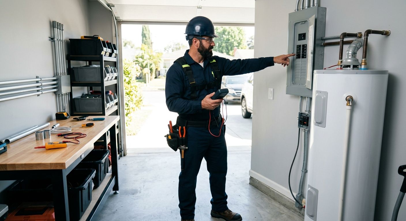 Professional electrician in dark blue uniform next to an electric water heater in a garage.