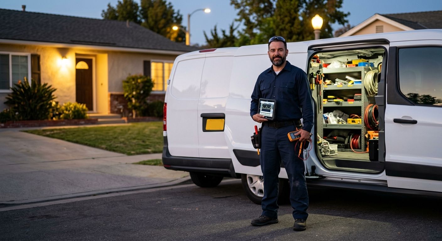 Licensed emergency electrician in dark blue uniform standing beside a fully stocked service van in a Los Angeles residential driveway at dusk, holding diagnostic tools and tablet