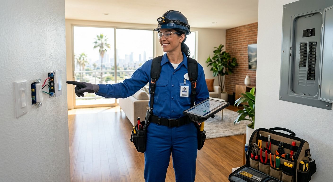 Licensed electrician in blue uniform holding tablet and pointing to smart switch in bright Los Angeles living room
