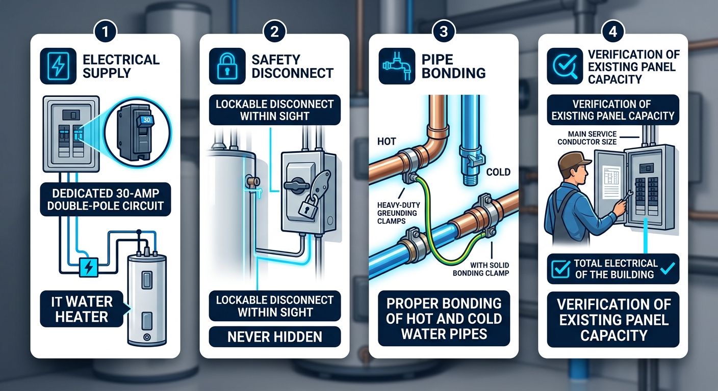 Infographic showing four vertical columns for electric water heater installation fundamentals: dedicated circuit, disconnect means, bonding and grounding, and panel load verification.