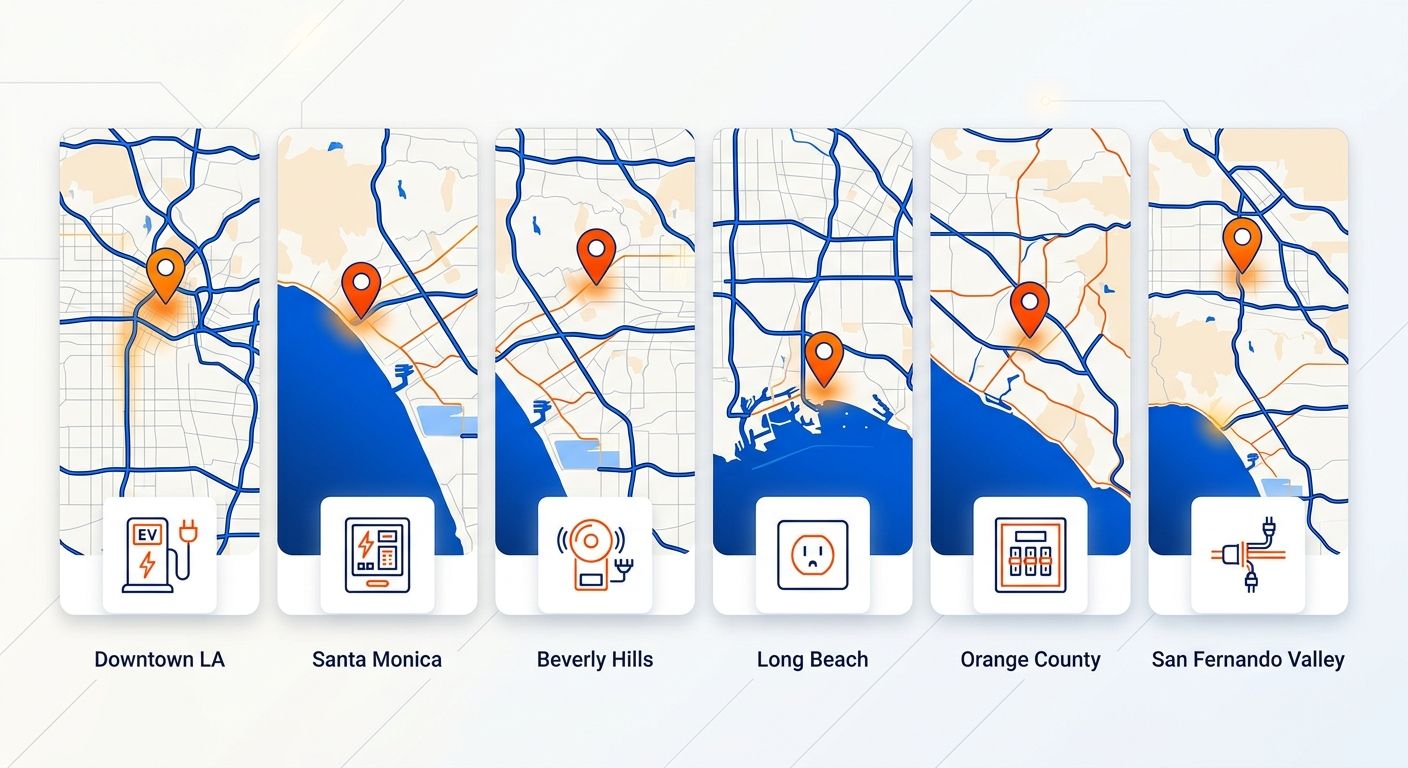 Color-coded map of Greater Los Angeles regions showing electrician dispatch service areas with corresponding electrical service icons.