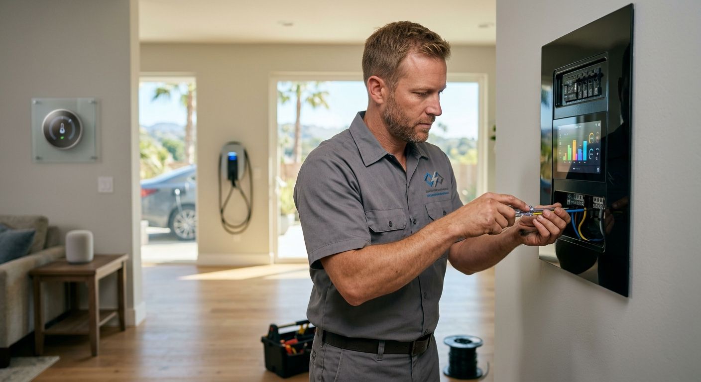Professional electrician installing a modern smart electrical panel in a bright Southern California home with smart home devices in background