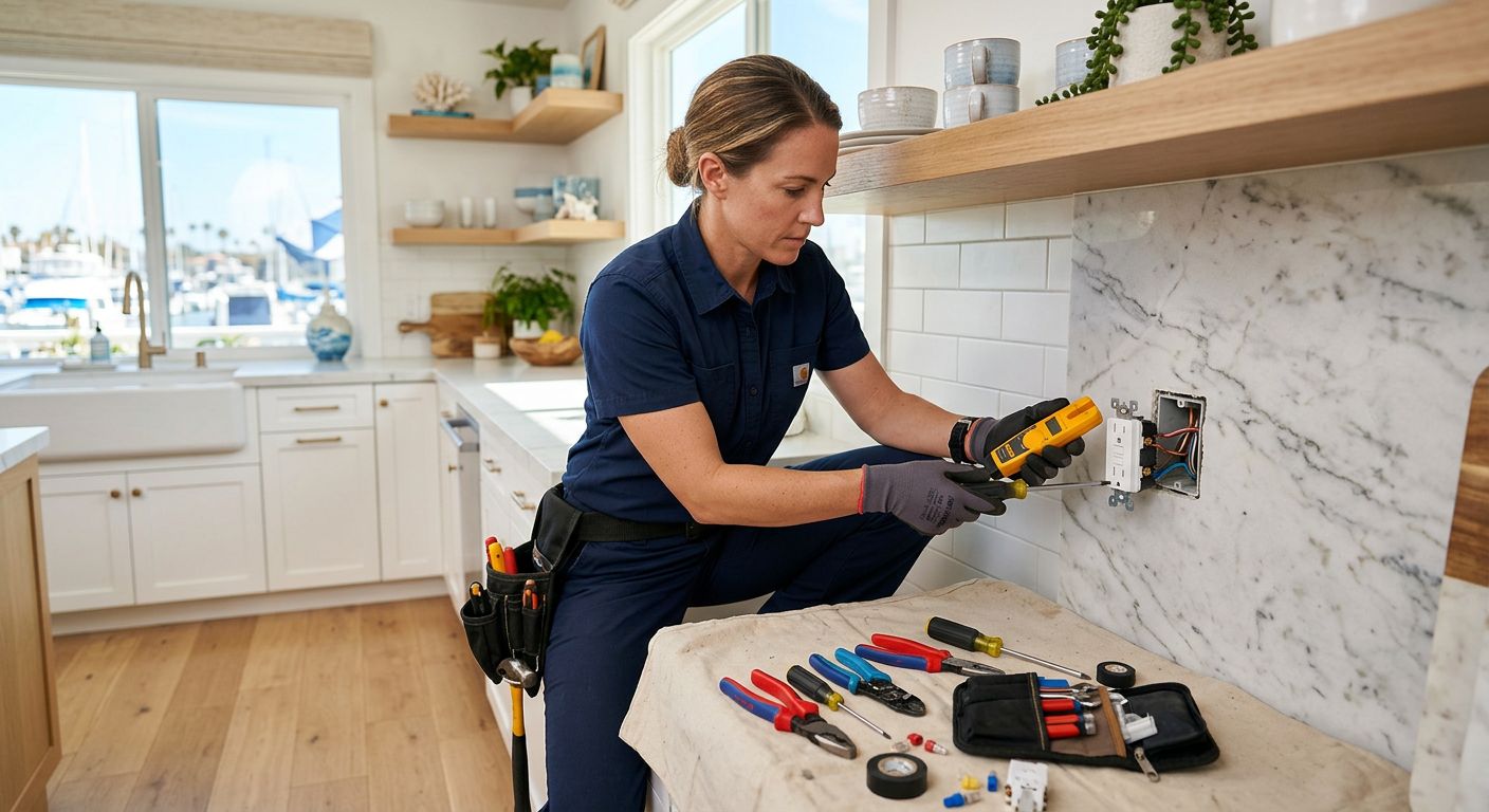 Licensed electrician installing GFCI outlet in modern Marina del Rey kitchen with voltage tester and wiring tools on drop cloth