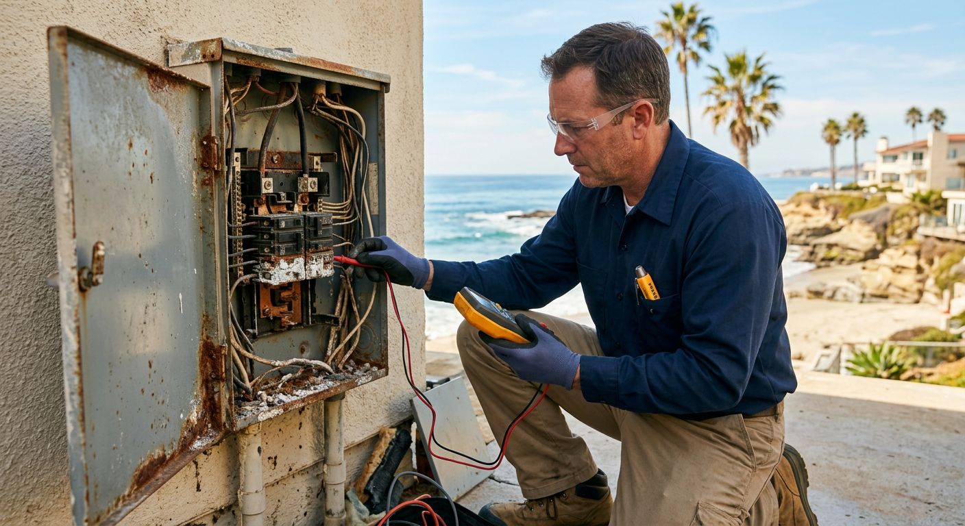 Licensed electrician inspecting a corroded electrical panel on a beachside home in Southern California, with ocean and palm trees in background, using diagnostic tools.