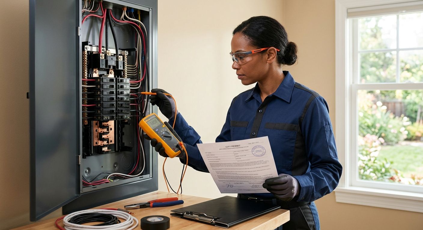 Licensed electrician inspecting an electrical panel with a permit document and multimeter in a bright California home