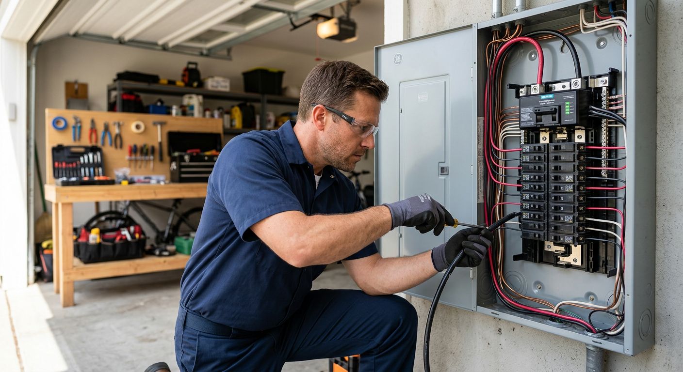 Professional electrician installing whole home surge protector at residential electrical panel in Los Angeles