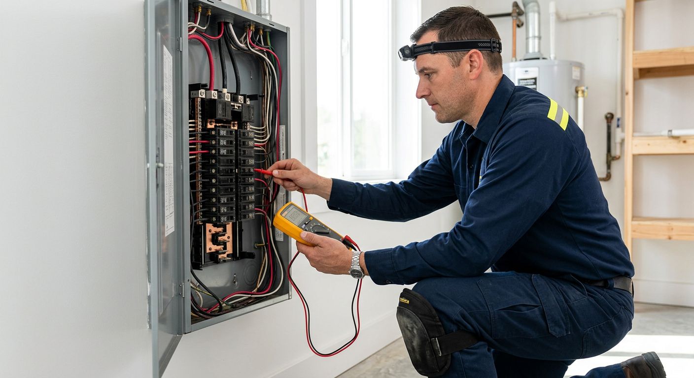 A licensed electrician in a navy blue uniform kneels beside an open electrical panel, using a multimeter to diagnose a tripped circuit breaker in a bright utility room at a residential home in Southern California.
