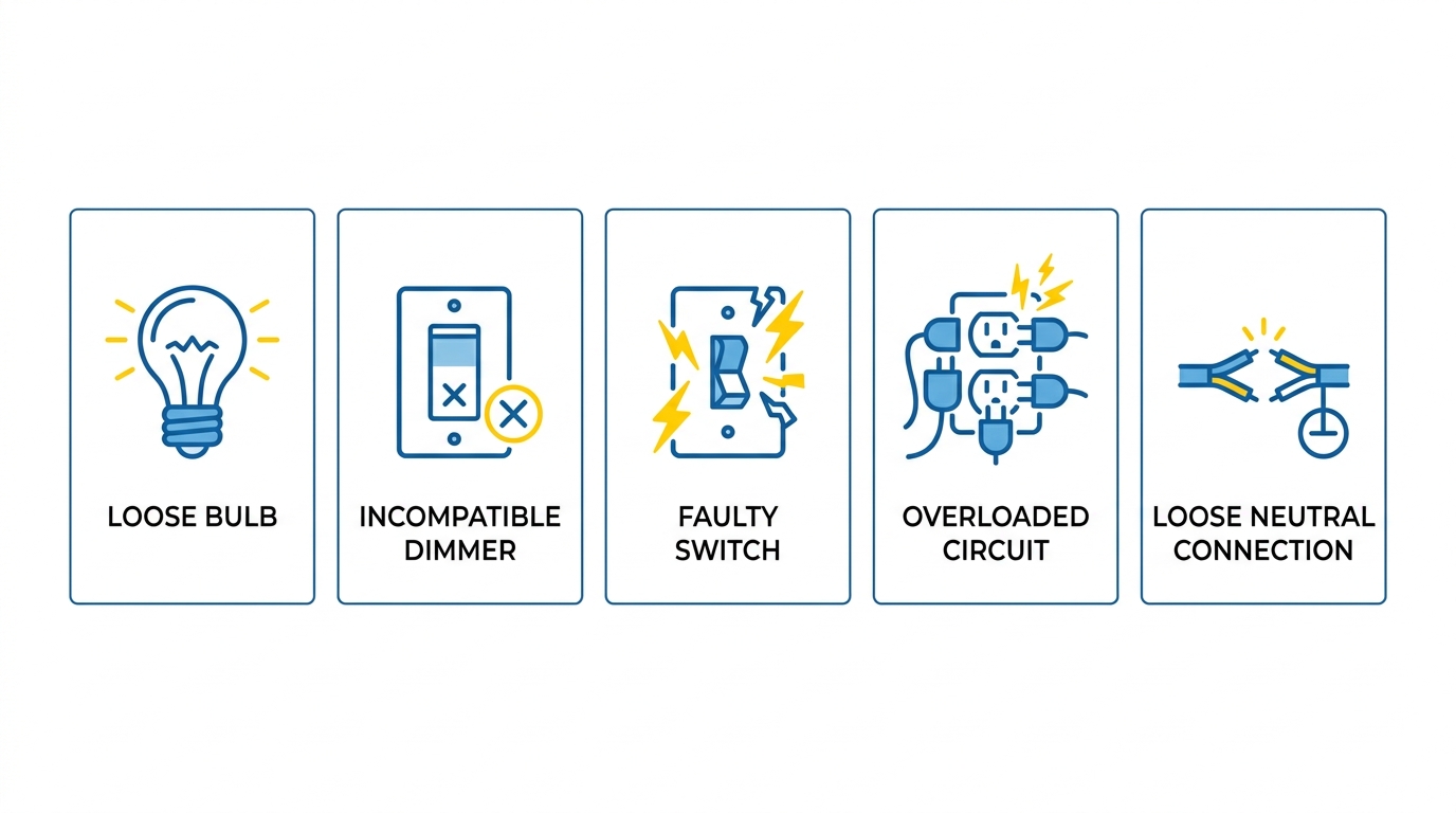 Infographic of five common causes of flickering lights with icons and labels.