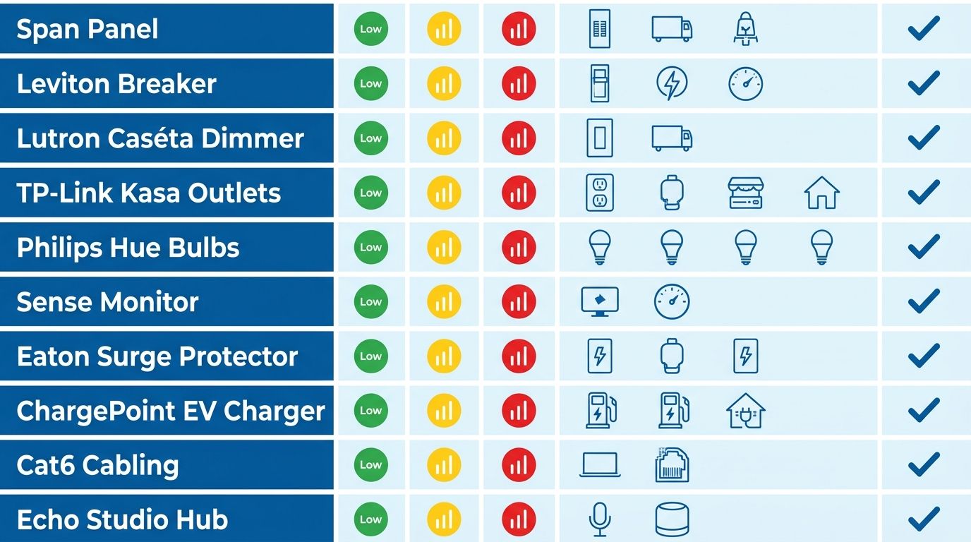 Comparison infographic of ten smart electrical upgrades including panels, breakers, dimmers, outlets, bulbs, monitors, surge protectors, EV chargers, cabling and hubs with difficulty rating icons and energy monitoring indicators.