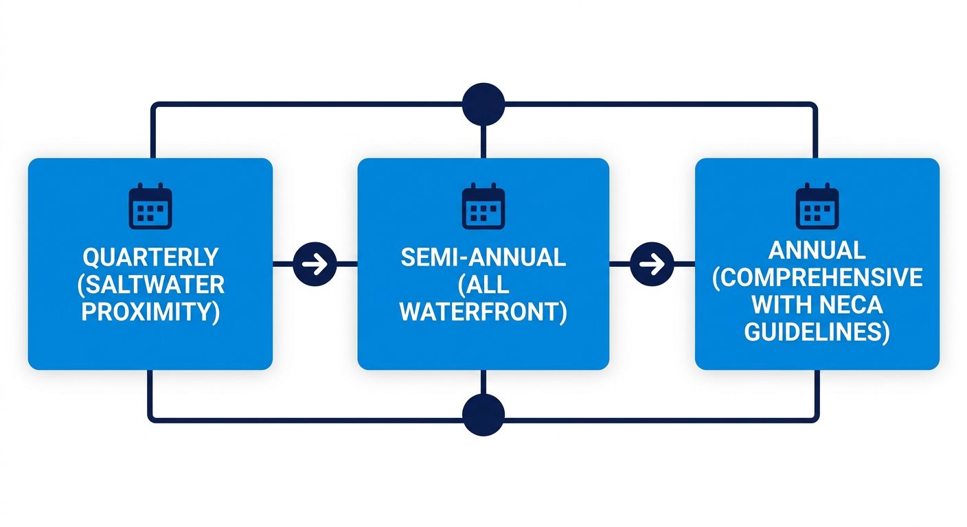 Horizontal process flow of three inspection stages for waterfront electrical systems: Quarterly, Semi-Annual, and Annual, each with a calendar icon and connected by arrows, using a blue and white color scheme.