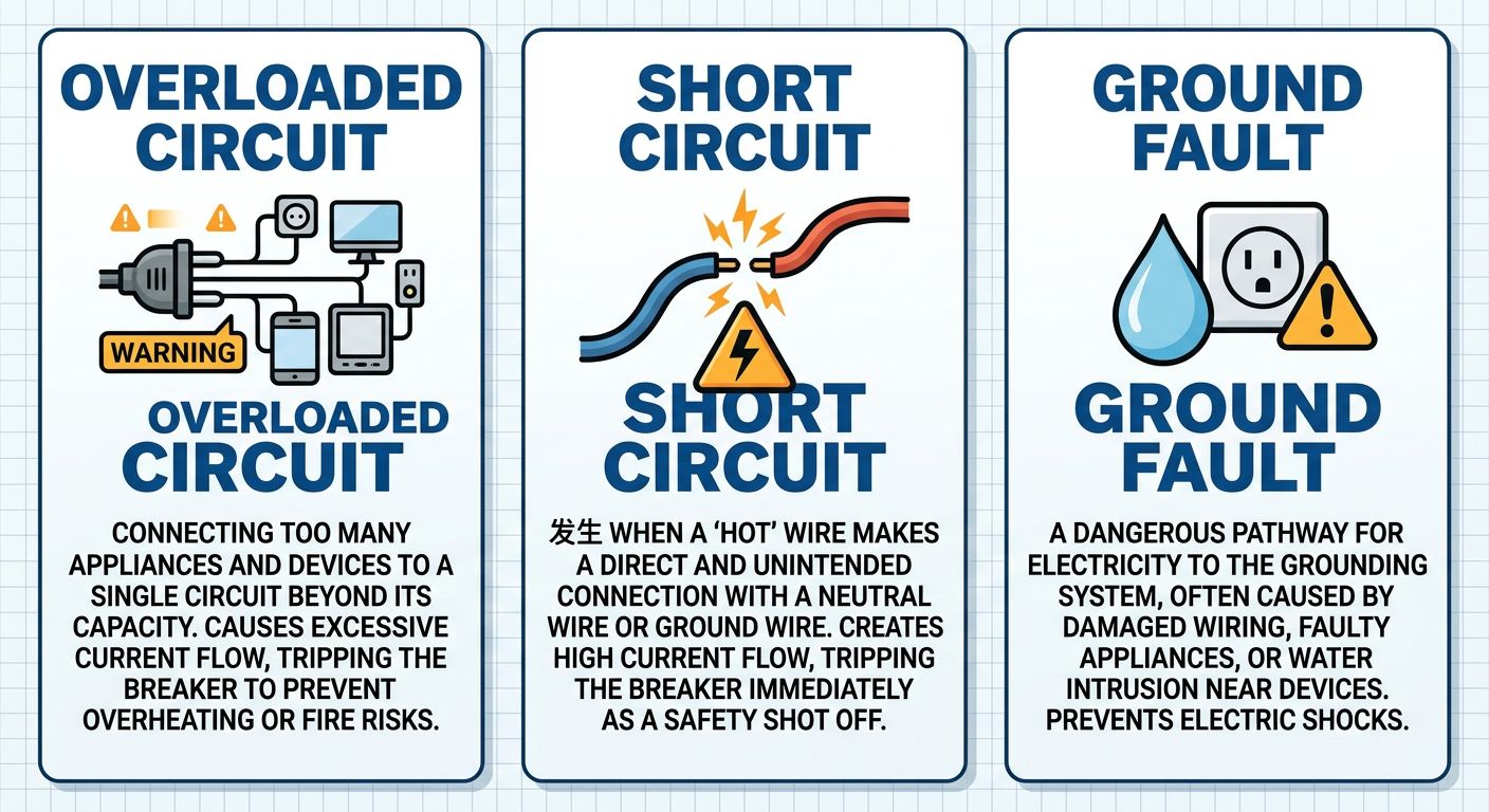 Three-column infographic showing causes of circuit breaker tripping: overloaded circuit, short circuit, and ground fault, with icons and plain-English descriptions.