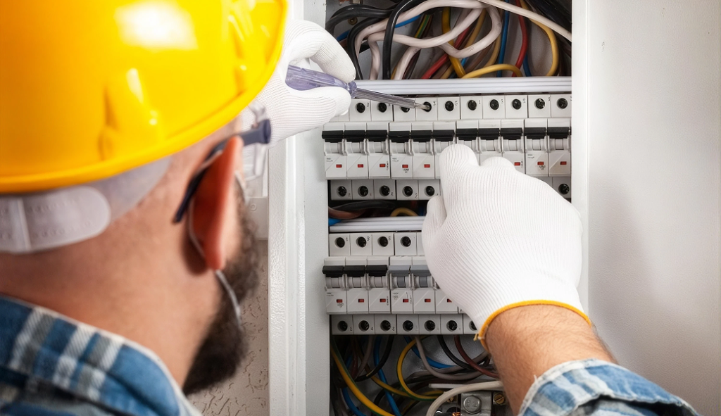Licensed electrician inspecting a home's electrical system