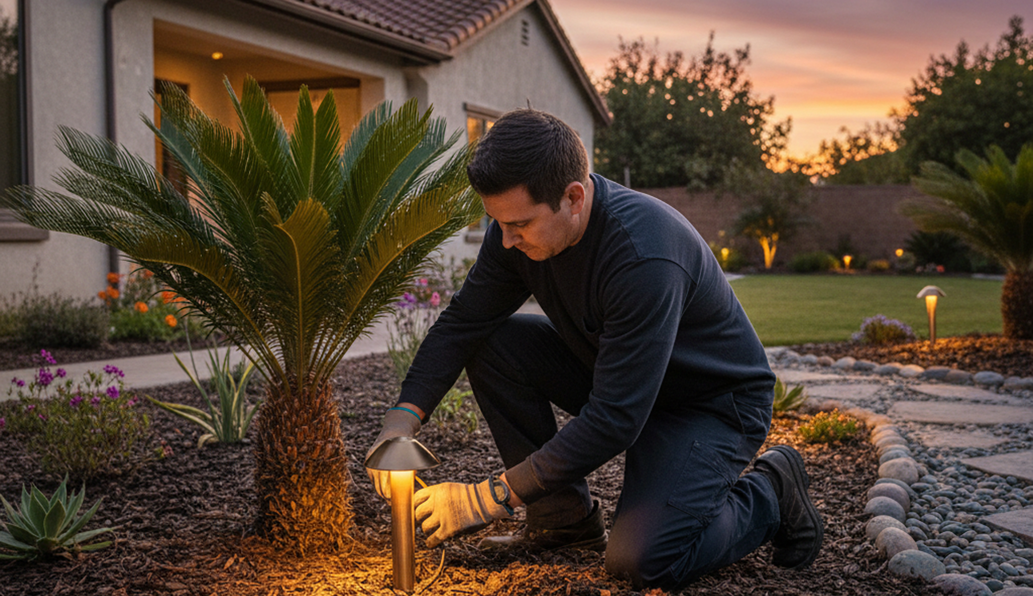 Professional electrician handling landscape lighting installation for a customer