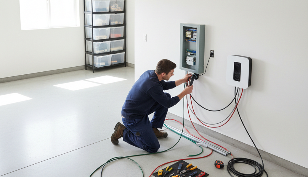 Electricians Service Team crew member working on ev charger installation