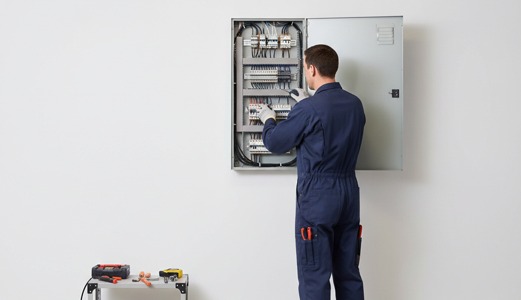 Electricians Service Team crew member working on electric panel upgrade