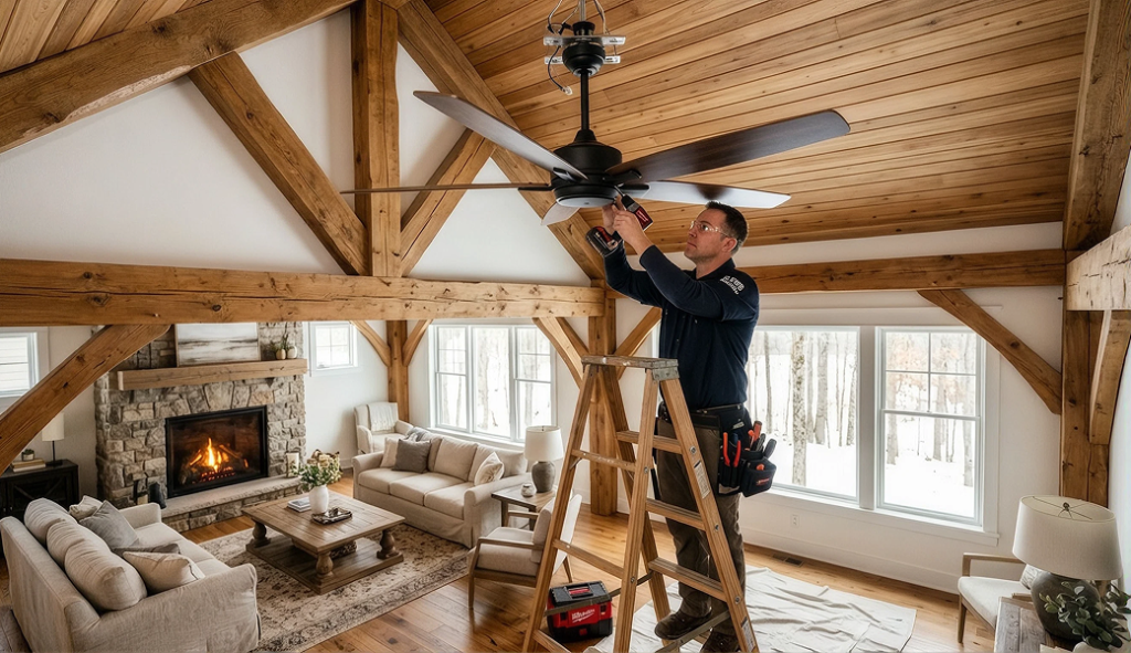Professional electrician handling ceiling fan installation for a customer