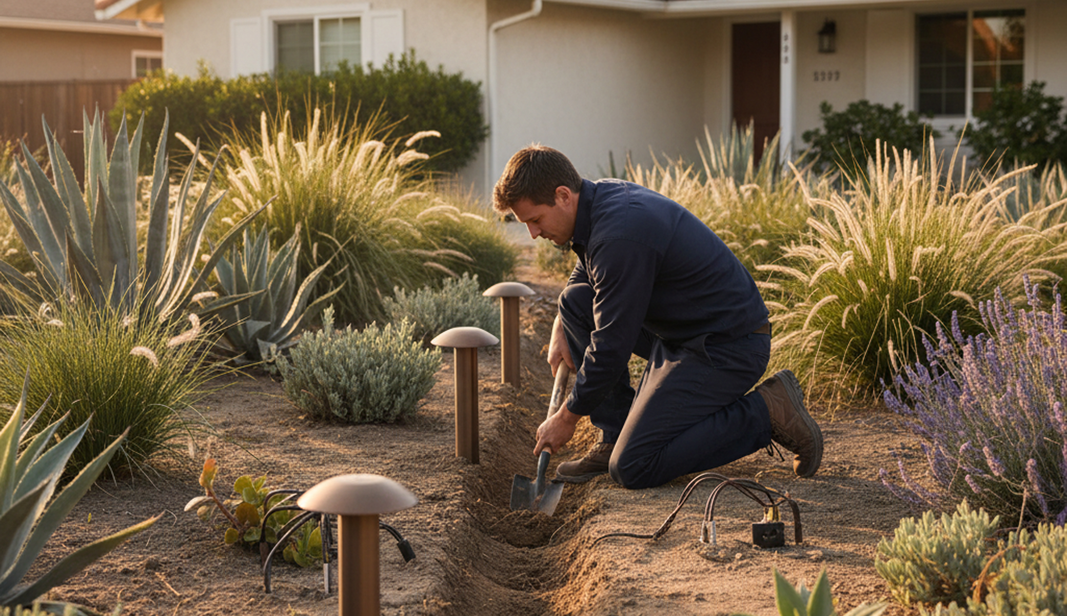 Professional electrician handling landscape lighting installation for a customer